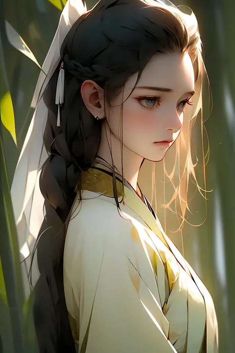 4K,High Quality,realistic,contrast,masterpiece,Sunshine,optimistic visuals,Yuehui Tang,The female sex,Fancy dress,Long hair,pale,tired,fear,uneasy,Oil painting,age-old,mysterious,strange,The vibe.,White hanfu