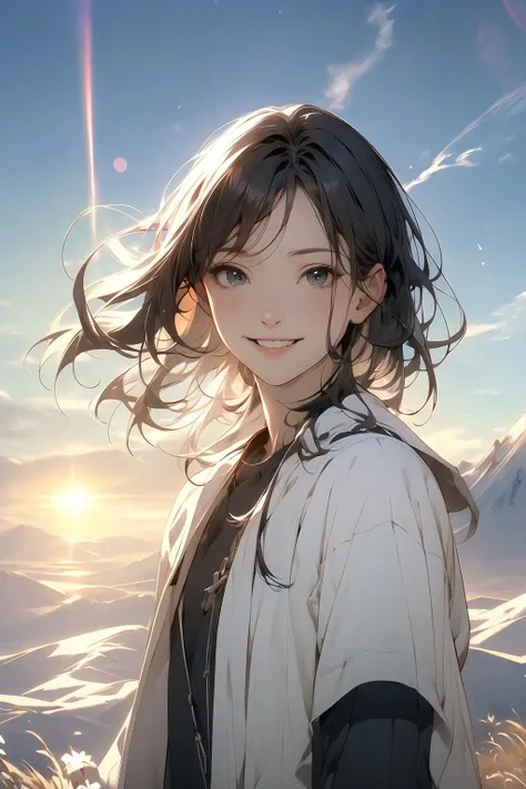 best quality, masterpiece,Dark hair, dark eyes, upper body, sun flare, outdoors, mountain, valley, sky. clouds, smiling,, <lora:more_details:0.3>, <lyco:GoodHands-beta2:1>
