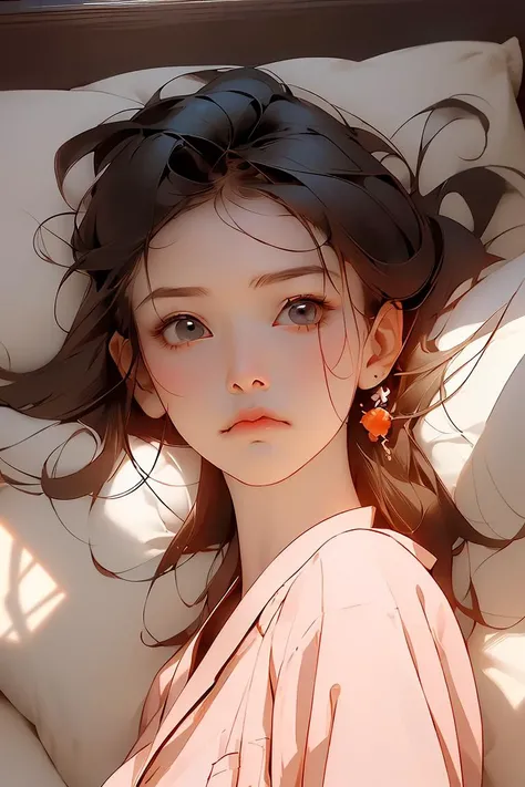 (masterpiece, best quality)(ty,realistic,contrast,masterpiece,sunshine,optimistic visuals,yuehui tang,jade,coma for three days,eye,the bed,frown,doubt,bewilderment,room,window,sunshine,on the face,warmth,long hair,hang down loosely,pillow,in a mess,loose pajamas,red hanfu 4k,high quality,realistic,contrast,masterpiece,sunshine)((cute art style),)(full-frame fisheye visualization,),(( vertical))