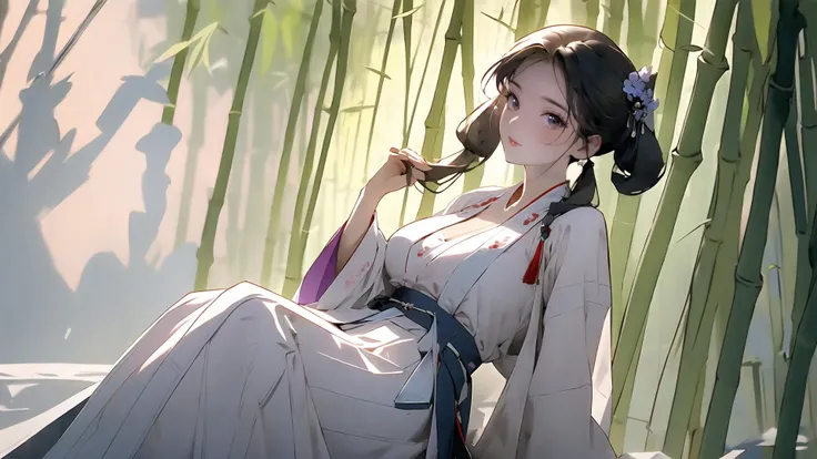 masterpiece, best quality, 8k,raw,rtx on,1girl, adult, pale skin, model, large breasts, straight hair, twintails, sitting, shushing, look at viewer, hanfu, song style outfits,<lora:hanfuSong_v35:0.5>, purple short shan, red long shan, blue pleated skirt, red songmo, in autumn, sunset, bamboo forest, sharp focus, dynamic angle, available light