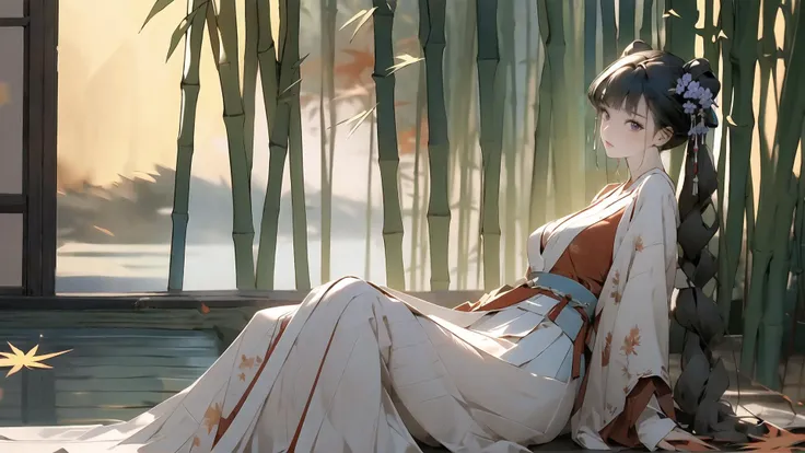 masterpiece, best quality, 8k,raw,rtx on,1girl, adult, pale skin, model, large breasts, straight hair, twintails, sitting, shushing, look at viewer, hanfu, song style outfits,<lora:hanfuSong_v35:0.5>, purple short shan, red long shan, blue pleated skirt, red songmo, in autumn, sunset, bamboo forest, sharp focus, dynamic angle, available light