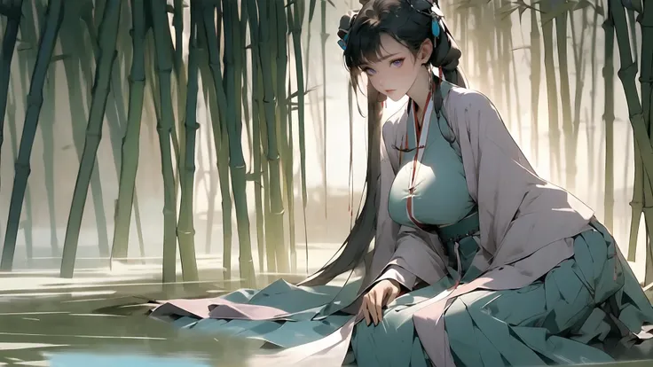 masterpiece, best quality, 8k,raw,rtx on,1girl, adult, pale skin, model, large breasts, straight hair, twintails, sitting, shushing, look at viewer, hanfu, song style outfits,<lora:hanfuSong_v35:0.5>, purple short shan, red long shan, blue pleated skirt, red songmo, in autumn, sunset, bamboo forest, sharp focus, dynamic angle, available light