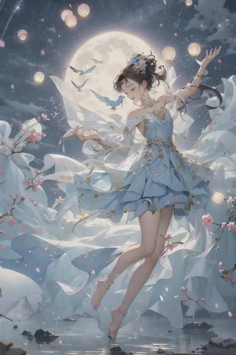 masterpiece,(masterpiece, top quality, best quality),1girl, hair ornament, play with rabbit, dress, solo, full body, night, moon, sky, mountain, night sky, lantern,