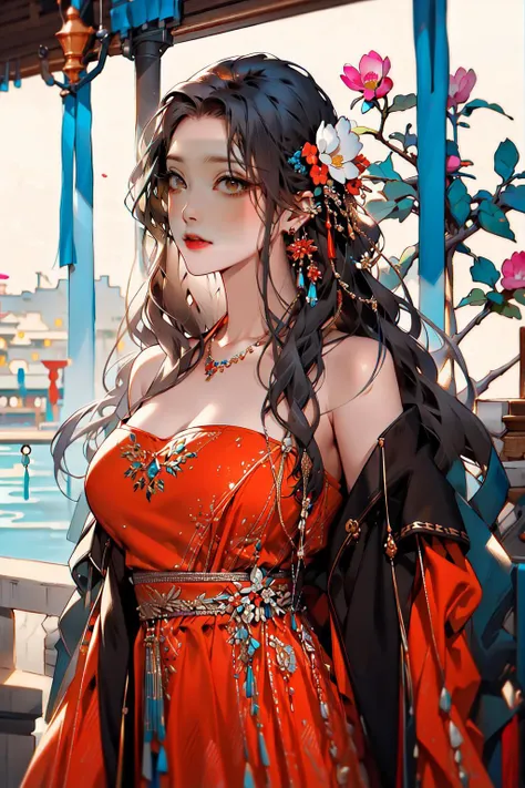 (masterpiece, top quality, best quality),1girl, absurdly long curly hair, flower, desire hair,orange eyes, hair ornament,red dress, bare shoulders, very long hair, <lora:shanzhagao128dim-epoch-000010:0.5> <lora:Cute Asian Face:1>,trending on artstation, illustration, style-nebmagic