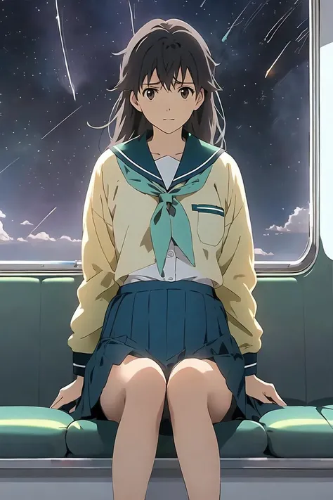 Makoto Shinkai,Your Name, Window outside sea, train Internal background, 1girl, looking side, looking away, school uniform,, green skirt, sailor suit, sitting on train seat, Turquoise sky color, turquoise sea color, yellow clouds color, huge star trail