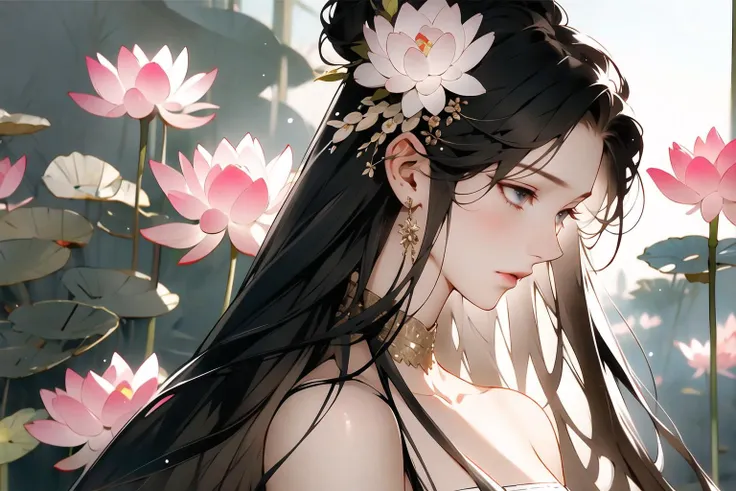 masterpiece,(masterpiece, top quality, best quality),1girl,long hair,flower,black hair,lotus,solo,hair ornament,dress,bare shoulders,very long hair,upper body,