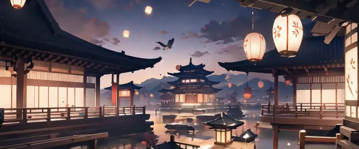 masterpiece,(masterpiece, top quality, best quality)east asian architecture, architecture, scenery, lantern, outdoors, sky, day, pagoda, paper lantern, building, mountain, bird, cloud, no humans