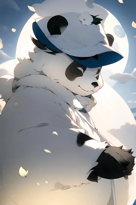 MG xiongmao,1 a chubby panda,sky,cloud,outdoors,solo,hat,furry,grass,leaf,closed eyes,cloudy sky,petals,standing,scarf,no humans,Moon,at the bottom of the water,Bubble,.