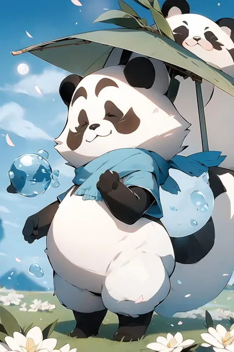 MG xiongmao,1 a chubby panda,sky,cloud,outdoors,solo,hat,furry,grass,leaf,closed eyes,cloudy sky,petals,standing,scarf,no humans,Moon,at the bottom of the water,Bubble,.