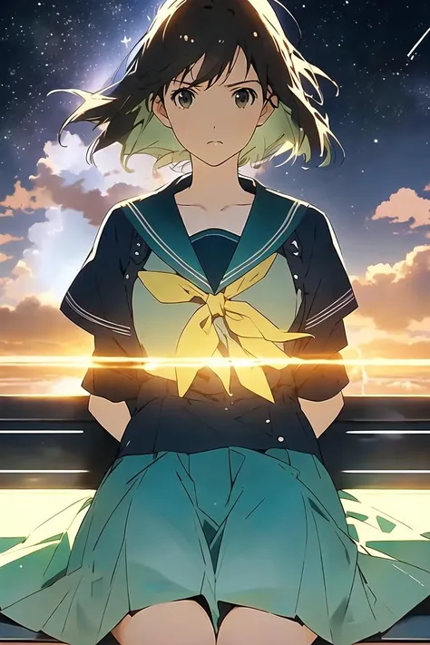 Makoto Shinkai,Your Name, Window outside sea, train Internal background, 1girl, looking side, looking away, school uniform,, green skirt, sailor suit, sitting on train seat, Turquoise sky color, turquoise sea color, yellow clouds color, huge star trail