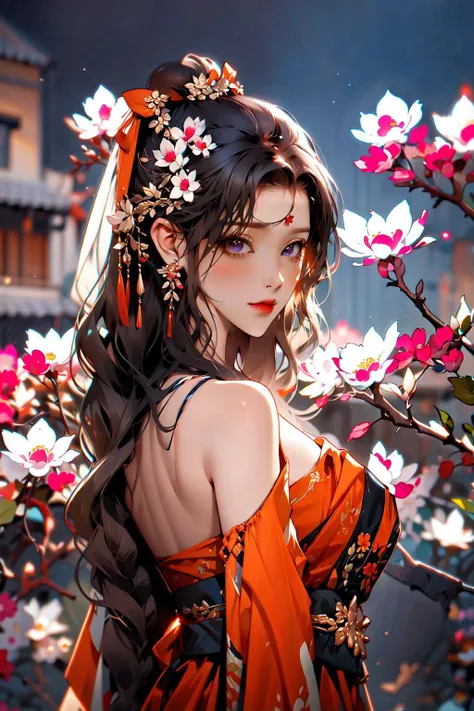 (masterpiece, top quality, best quality),1girl, very short pointy hair, flower, spanish orange hair,purple eyes, hair ornament,red dress, bare shoulders, very long hair, <lora:shanzhagao128dim-epoch-000010:0.5> <lora:Cute Asian Face:1>,trending on artstation, illustration, style-nebmagic