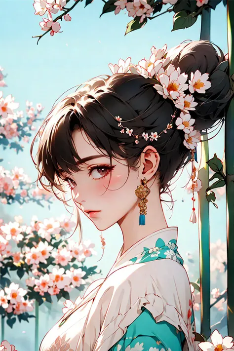 masterpiece,(masterpiece, top quality, best quality),Chinese clothing, outdoors, upper body, looking at the viewer, 1 girl, flowers around, delicate face