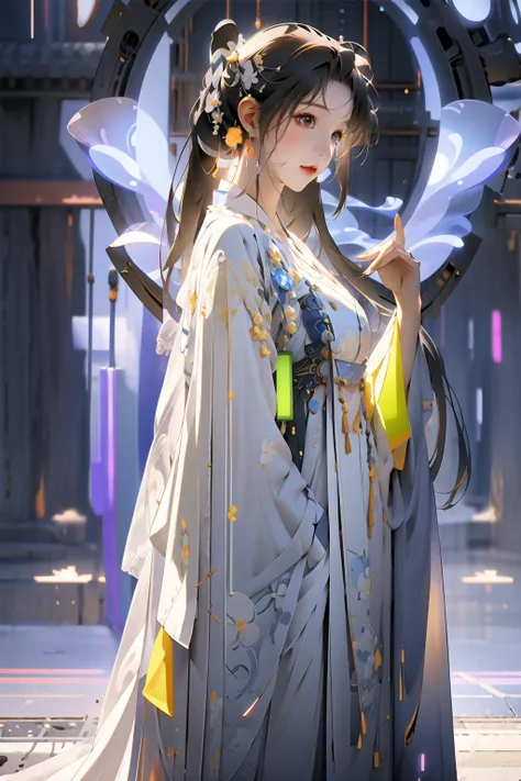 1 girl solo, Close-up of the shot, <lora:DANWGFWL-01:0.8>,(Bright eyes),(Blue and white pleated skirt,White Uesugi,Yellow lace),<lora:hanfuTang_v35:0.4>,hanfu,Clear facial features,outdoor,perfect_hand, (8k, RAW photo, best quality, masterpiece:1.2), (realistic, photo-realistic:1.4), (extremely detailed CG unity 8k wallpaper),full body, (neon lights:1.4), machop,mechanical arms