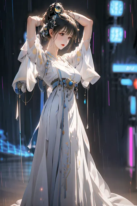 1 girl solo, Close-up of the shot, <lora:DANWGFWL-01:0.8>,(Bright eyes),(Blue and white pleated skirt,White Uesugi,Yellow lace),<lora:hanfuTang_v35:0.4>,hanfu,Clear facial features,outdoor,perfect_hand, (8k, RAW photo, best quality, masterpiece:1.2), (realistic, photo-realistic:1.4), (extremely detailed CG unity 8k wallpaper),full body, (neon lights:1.4), machop,mechanical arms