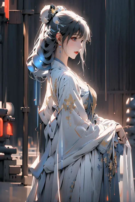 1 girl solo, Close-up of the shot, <lora:DANWGFWL-01:0.8>,(Bright eyes),(Blue and white pleated skirt,White Uesugi,Yellow lace),<lora:hanfuTang_v35:0.4>,hanfu,Clear facial features,outdoor,perfect_hand, (8k, RAW photo, best quality, masterpiece:1.2), (realistic, photo-realistic:1.4), (extremely detailed CG unity 8k wallpaper),full body, (neon lights:1.4), machop,mechanical arms