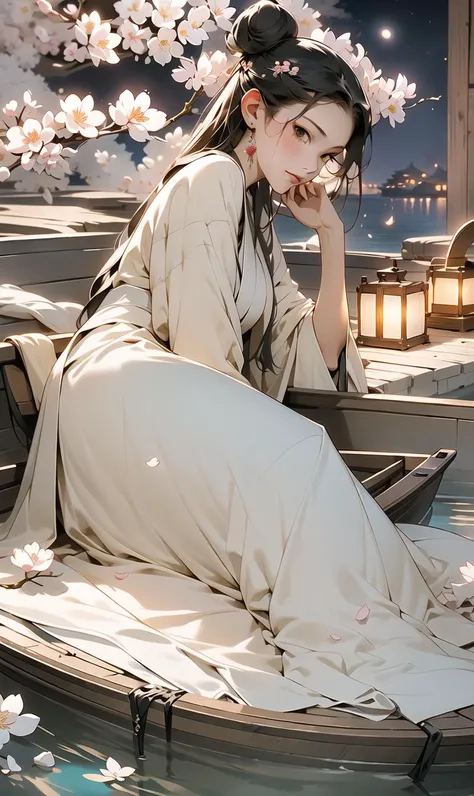 overlook,((((At night)))),(((Night))), Starlight, Moonlight,on the water, ((((a girl lies in a wooden boat)))),(Night View)
\[(solo), (1 girl), lying, Lying in a wooden boat,Black hair, black eyes,seductive smile,Hanfu, white Hanfu,Single bun\],
(Cherry blossom:1.3), Wind blowing, (stream:1.2), reflection, Reflect light, ripple,(Unidirectional light:1.2), Light and shadow,
best quality, extremely detailed,masterpiece, finely detail,extremely detailed wallpaper, high resolution,(extremely detailed CG unity 8k wallpaper), (illustrations:1.3),