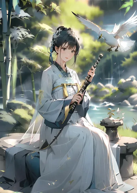 1girl,solo,(Bright eyes),(Blue and white pleated skirt,White Uesugi,Yellow lace),,Clear facial features,outdoor,,hanfu,<lora:hanfuTang_v35:0.6>,bamboo forest,Stone bench,Stone table,musical instrument,grassland,earth,rivers,Far Mountains,Birds and beasts,happy,