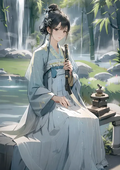 1girl,solo,(Bright eyes),(Blue and white pleated skirt,White Uesugi,Yellow lace),,Clear facial features,outdoor,,hanfu,<lora:hanfuTang_v35:0.6>,bamboo forest,Stone bench,Stone table,musical instrument,grassland,earth,rivers,Far Mountains,Birds and beasts,happy,