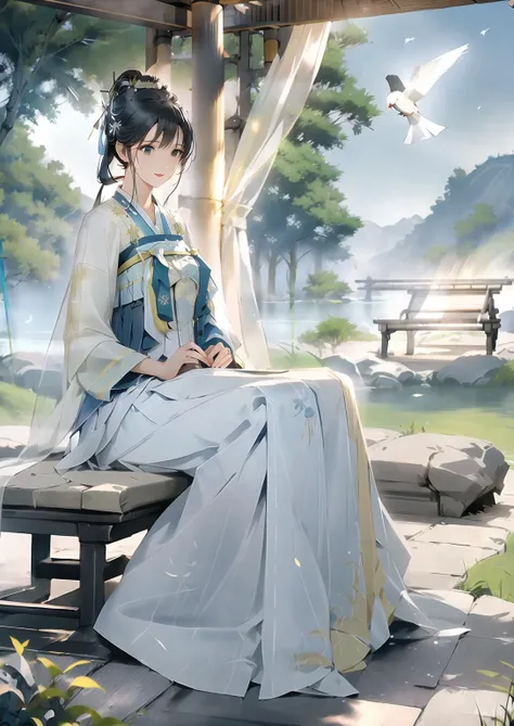 1girl,solo,(Bright eyes),(Blue and white pleated skirt,White Uesugi,Yellow lace),,Clear facial features,outdoor,,hanfu,<lora:hanfuTang_v35:0.6>,bamboo forest,Stone bench,Stone table,musical instrument,grassland,earth,rivers,Far Mountains,Birds and beasts,happy,