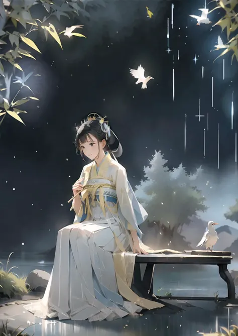 1girl,solo,(Bright eyes),(Blue and white pleated skirt,White Uesugi,Yellow lace),,Clear facial features,outdoor,,hanfu,<lora:hanfuTang_v35:0.6>,bamboo forest,Stone bench,Stone table,musical instrument,grassland,earth,rivers,Far Mountains,Birds and beasts,happy,