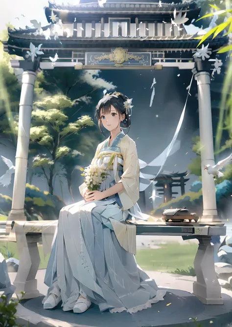 1girl,solo,(Bright eyes),(Blue and white pleated skirt,White Uesugi,Yellow lace),,Clear facial features,outdoor,,hanfu,<lora:hanfuTang_v35:0.6>,bamboo forest,Stone bench,Stone table,musical instrument,grassland,earth,rivers,Far Mountains,Birds and beasts,happy,