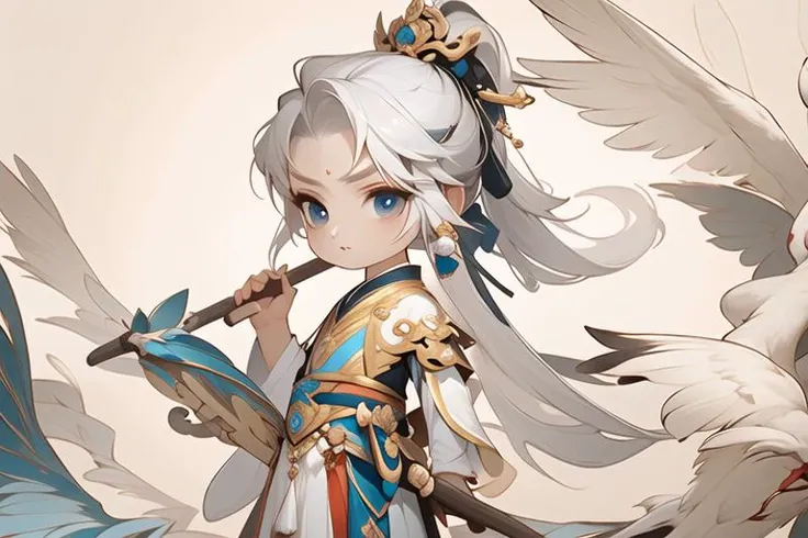 1boy, male focus, white hair, solo, scroll, long hair, blue eyes, full body,<lora:mmm:0.8>,