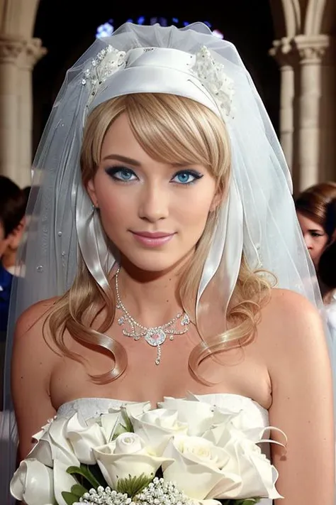 a woman with blue eyes and blonde hair inside a church the style of wedd00ing <lora:Wedding-Style:1>