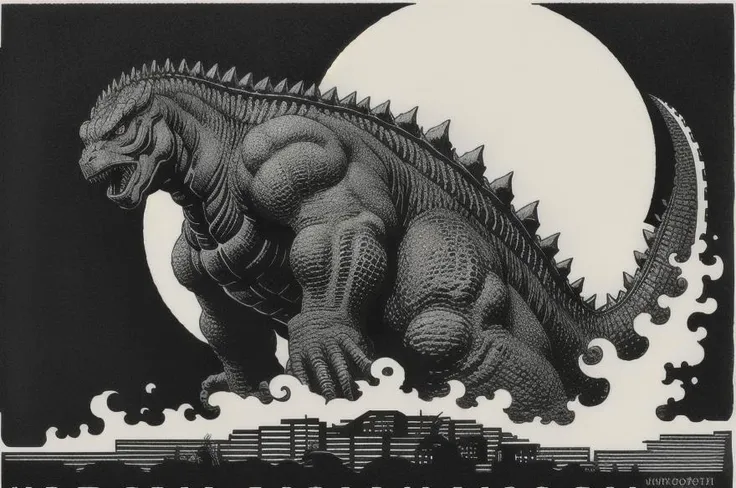 Godzilla by sjm_woodblock <lora:sjm_woodblock:1.0>