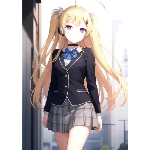 ((masterpiece)),(best quality),official art,extremely detailed CG,unity 8k wallpaper,ultra detailed,1girl,solo,cowboy shot,earphones,ahoge,earbuds,blonde_hair,blue_bowtie,mary_janes,white_socks,black_footwear,school_uniform,hair_ornament,hairclip,kneehighs,two_side_up,blue_bow,black_jacket,facial_mark,looking_at_viewer,long_sleeves,very_long_hair,pink_eyes,choker,blazer,striped_bowtie,buttons,shirt,grey_skirt,<lora:Eldridge(azur)>,