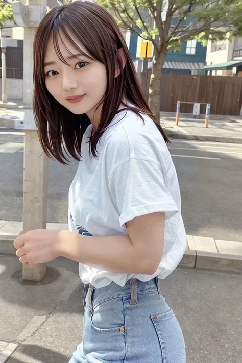 girl walking under cherry blossoms in school yard,short-sleeved white school long t-shirt with blue trim,navy blue speedo briefs,18-year-old,bangs,a little smile,thighs,knees,short hair and low ponytails with barrette,from below,front light