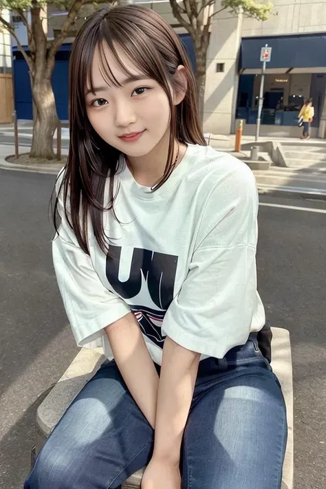 (Elementary School Girl 2), Solo, Sitting (2), Smooth Hair (Upper Body: 1.1), (See here: 1.1), Smile, Nice Face, White Skin, Double Eyes (1.2), Movie, Genki, Sunny, Outside, Shorts Visible
