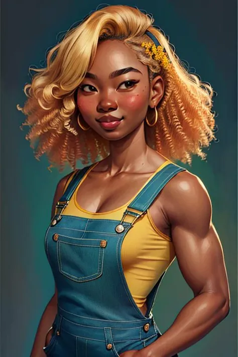 8k portrait of muscular woman wearing overalls, korean, (((dark skin))), (perfect face), defined jawline, (beautiful green eyes), beautiful lips, (long blonde curly hairstyle), (perfect hands), smile, looking at camera, (beautiful face), upper body, grab a flowers, (highly detailed), digital painting, a photorealistic painting, photorealism, <lora:loish_style:1>