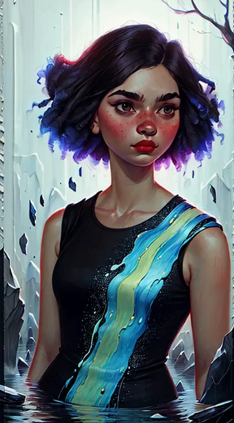 8K, wallpaper, (best quality:1.3), (painting of a girl floating in the air), 1girl, solo, fair skin, (brown eyes, kind eyes), (detailed face), friendly, dramatic lighting, ((floating)), , smooth, blended, rule of thirds, ((blue glow, shards, broken rocks, floating water)), flowing lines, character art, full_body, (high resolution, masterpiece, beautiful:1.2), ((painting by loish)), lois van baarle, <lora:loish:1.2>