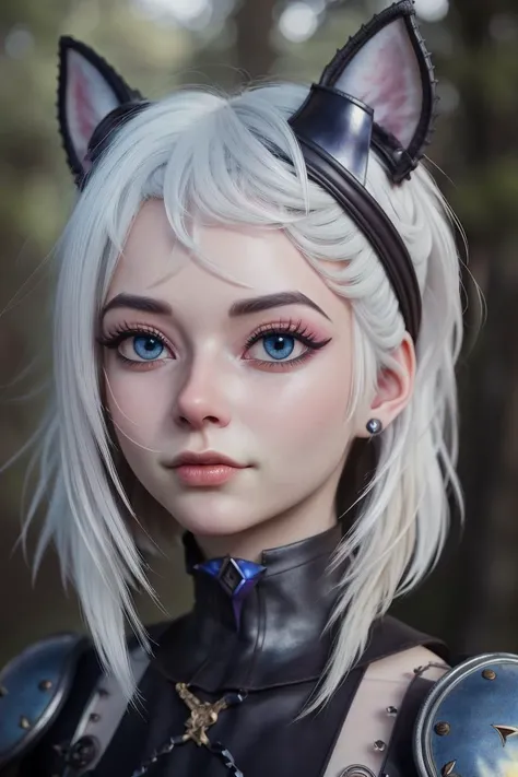 3dmm style, 3d,r3dg,girl holding cat, cat ears, chibi, blue, gold, white, purpple, dragon scaly armor, forest background, fantasy style, (dark shot:1.17), epic realistic, faded, ((neutral colors)), art, (hdr:1.5), (muted colors:1.2), hyperdetailed, (artstation:1.5), cinematic, warm lights, dramatic light, (intricate details:1.1), complex background, (teal and orange:0.4), colorfull, (natural skin texture, hyperrealism, soft light, sharp:1.2), (intricate details:1.12), hdr, (intricate details, hyperdetailed:1.15), white hair,
