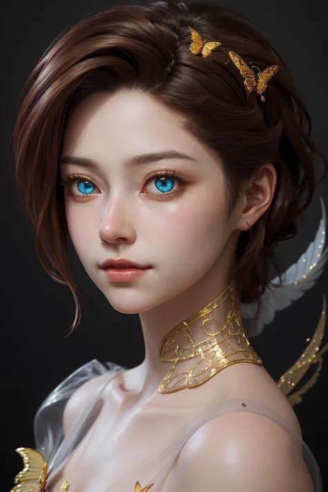 3dmm style,8k portrait of beautiful cyborg with brown hair, intricate, elegant, highly detailed, majestic, digital photography, art by artgerm and ruan jia and greg rutkowski surreal painting gold butterfly filigree, broken glass, (masterpiece, sidelighting, finely detailed beautiful eyes: 1.2), hdr,