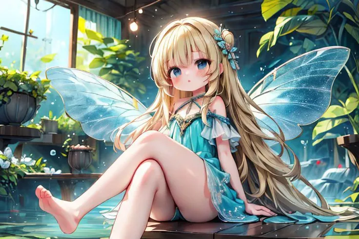 (masterpiece:1.4), (Best quality:1.2), (highres:1.2), (scenary:1.2), Dynamic light, 4k, 8k, 1girl, blonde hair, blue eyes, very long hair, fairy wings, chibi, fairy dress, cute, adorable, blue theme, Sitting in high place, Crossed legs,  legs, Feet, Holding a fish in hands, Better hands, cute, adorable, (Aquatic scene), aquarium background, dynamic light, dark floor, light background, Magic, 1girl, solo, anime wallpaper,