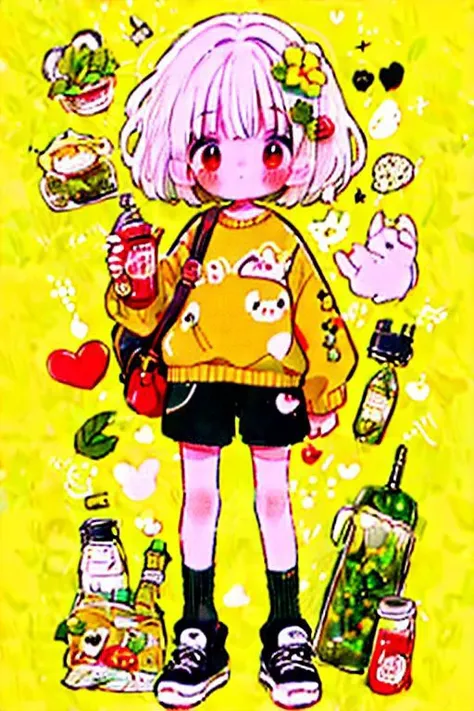 masterpiece, best quality cute doodle, 1girl, shoes, solo, sweater, heart, white hair, short hair, long sleeves, shorts, yellow background, black footwear, black shorts, red eyes, socks, holding, food, leaf, blush, bottle, hair ornament, full body, standing, bag, flower <lora:Cutedoodle_SD15-000008:0.65>,emaiti,cute doodle