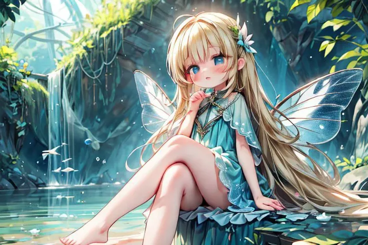 (masterpiece:1.4), (Best quality:1.2), (highres:1.2), (scenary:1.2), Dynamic light, 4k, 8k, 1girl, blonde hair, blue eyes, very long hair, fairy wings, chibi, fairy dress, cute, adorable, blue theme, Sitting in high place, Crossed legs,  legs, Feet, Holding a fish in hands, Better hands, cute, adorable, (Aquatic scene), aquarium background, dynamic light, dark floor, light background, Magic, 1girl, solo, anime wallpaper,