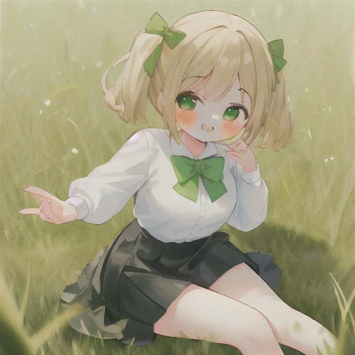 masterpiece, 8k wallpaper, best quality, 1girl, MejiroMcQueen, <lora:MejiroMcQueen>, smile, blush, looking at the viewer, grass, black skirt:1, green bow tie,