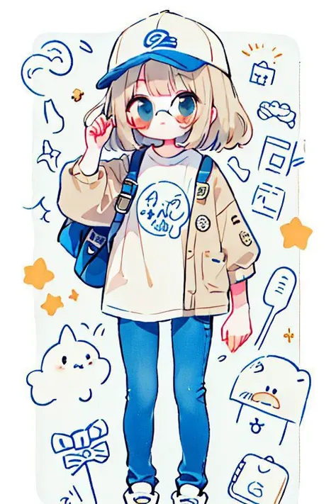 masterpiece, best quality cute doodle, 1girl, masterpiece,(bestquality),highlydetailed,ultra-detailed,girl in casual style,loose white T-shirt,layered with a beige short jacket,deep blue jeans,white sneakers,accessories: grey baseball cap and stylish sunglasses