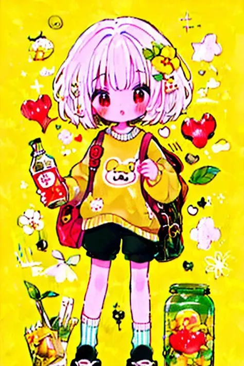 masterpiece, best quality cute doodle, 1girl, shoes, solo, sweater, heart, white hair, short hair, long sleeves, shorts, yellow background, black footwear, black shorts, red eyes, socks, holding, food, leaf, blush, bottle, hair ornament, full body, standing, bag, flower <lora:Cutedoodle_SD15-000008:0.65>,emaiti,cute doodle