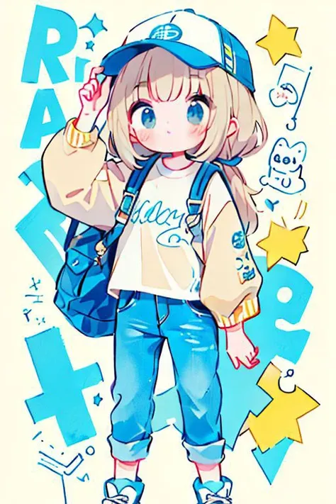 masterpiece, best quality cute doodle, 1girl, masterpiece,(bestquality),highlydetailed,ultra-detailed,girl in casual style,loose white T-shirt,layered with a beige short jacket,deep blue jeans,white sneakers,accessories: grey baseball cap and stylish sunglasses