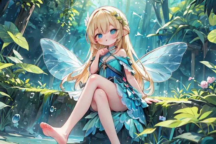 (masterpiece:1.4), (Best quality:1.2), (highres:1.2), (scenary:1.2), Dynamic light, 4k, 8k, 1girl, blonde hair, blue eyes, very long hair, fairy wings, chibi, fairy dress, cute, adorable, blue theme, Sitting in high place, Crossed legs, bare legs, Feet, Holding a fish in hands, Better hands, cute, adorable, (Aquatic scene), aquarium background, dynamic light, dark floor, light background, Magic, 1girl, solo, anime wallpaper,