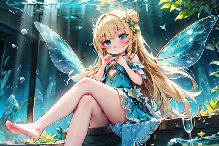 (masterpiece:1.2), (Best quality:1.2), (highres:1.2), (scenary:1.2), Dynamic light, 4k, 8k, 1girl, blonde hair, blue eyes, very long hair, wings, chibi, fairy dress, cute, adorable, blue theme, (Sitting in high place:1.2), Crossed legs, bare legs, Feet, hand on own chest, cute, adorable, (Underwater scene), aquarium, fish, dynamic light, dark floor, light From behind , Magic, solo, anime wallpaper,