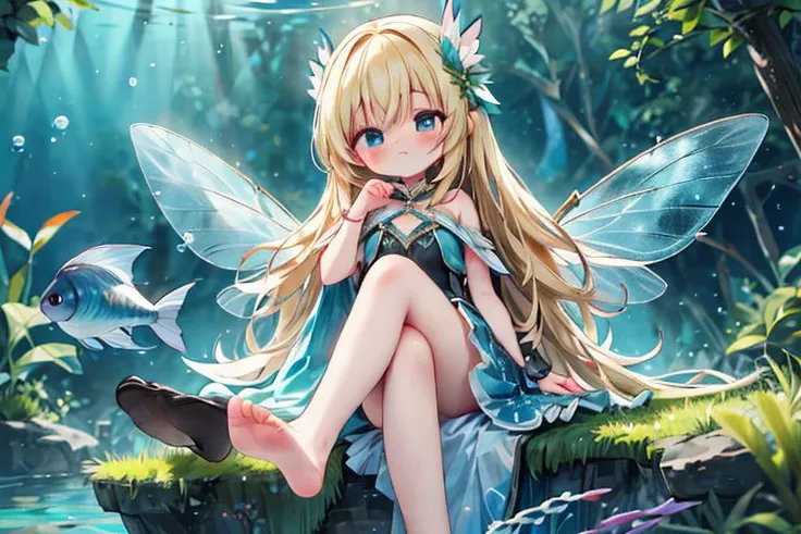 (masterpiece:1.2), (Best quality:1.2), (highres:1.2), (scenary:1.2), Dynamic light, 4k, 8k, 1girl, blonde hair, blue eyes, very long hair, wings, chibi, fairy dress, cute, adorable, blue theme, (Sitting in high place:1.2), Crossed legs, bare legs, Feet, hand on own chest, cute, adorable, (Underwater scene), aquarium, fish, dynamic light, dark floor, light From behind , Magic, solo, anime wallpaper,