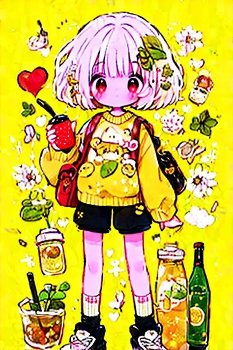 masterpiece, best quality cute doodle, 1girl, shoes, solo, sweater, heart, white hair, short hair, long sleeves, shorts, yellow background, black footwear, black shorts, red eyes, socks, holding, food, leaf, blush, bottle, hair ornament, full body, standing, bag, flower <lora:Cutedoodle_SD15-000008:0.65>,emaiti,cute doodle