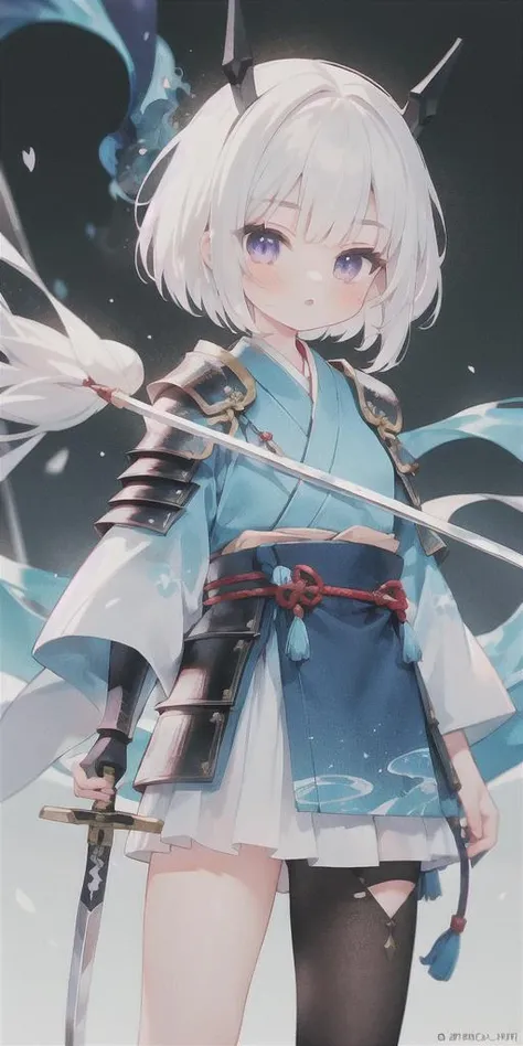 1girl, japanese armor, white hair, purple eyes, sword, ((holding sword)), blue flames, glowing weapon, light particles, wallpaper, chromatic aberration