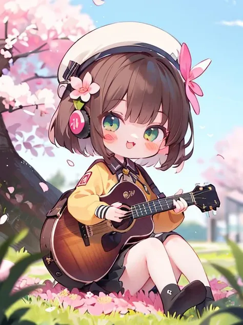 (masterpiece),(best quality),(ultra-detailed), (full body:1.2),
1girl,chibi,cute, smile, open mouth,
flower, outdoors, playing guitar, music, beret, holding guitar, jacket, blush, tree, :3, shirt, short hair, cherry blossoms, green headwear, blurry, brown hair, blush stickers, long sleeves, bangs, headphones, black hair, pink flower,
(beautiful detailed face), (beautiful detailed eyes)
