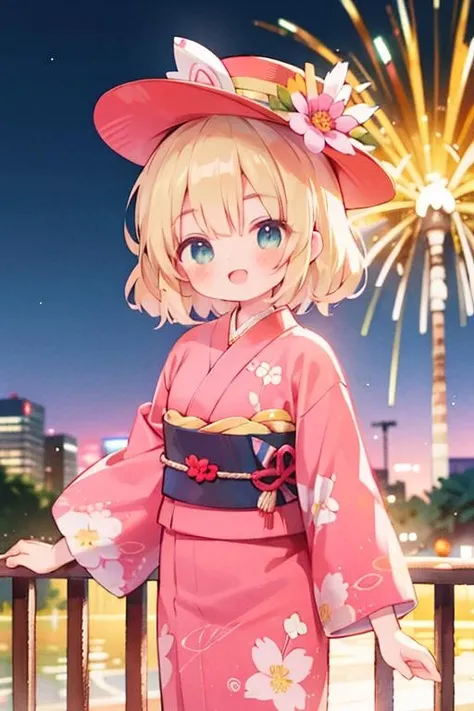 Best quality, masterpiece, ultra high res, photorealistic, raw photo, unity 8k wallpaper,firework background, riverside, wind,night,city lights,cowboy shot,film grain, Fuji XT3,
1girl,pink print kimono, laughing,happy,blush,melowh, encanto, off shoulder, against railing, head tilt, curly hair, floating hair, flower headwear