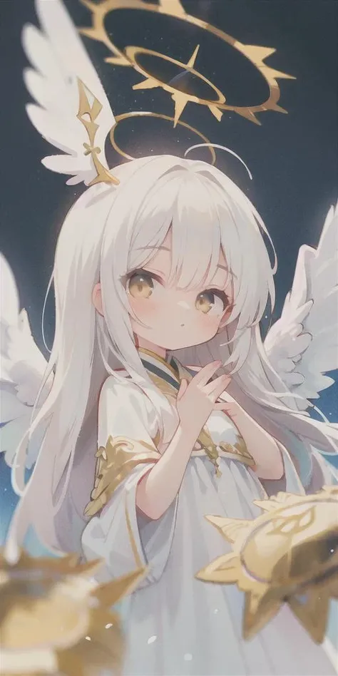 ****, illustration,heaven background, 1girl, white hair, golden eyes, long hair, halo, angel wings, serene expression, looking at viewer